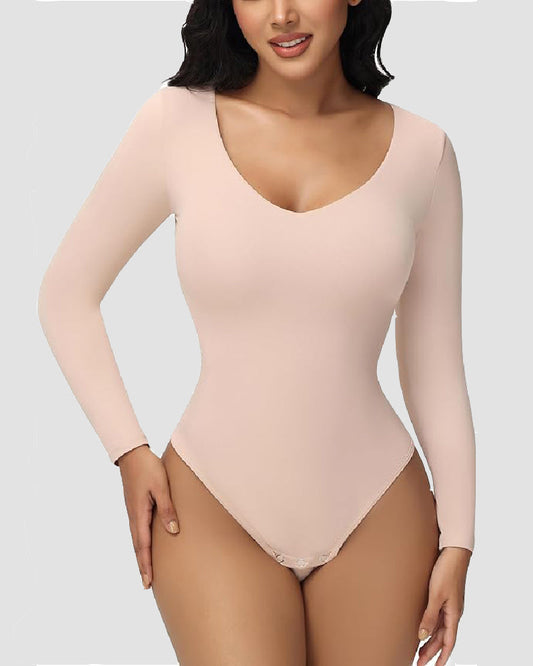 Shapshe® Women's Long Sleeve V Neck Seamless Bodysuits Tummy Control Thong Shapewear