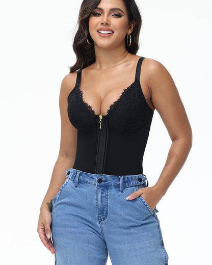 Shapshe® Deep V Lace Corset Top Trimmed Waist Trainer with Front Zipper