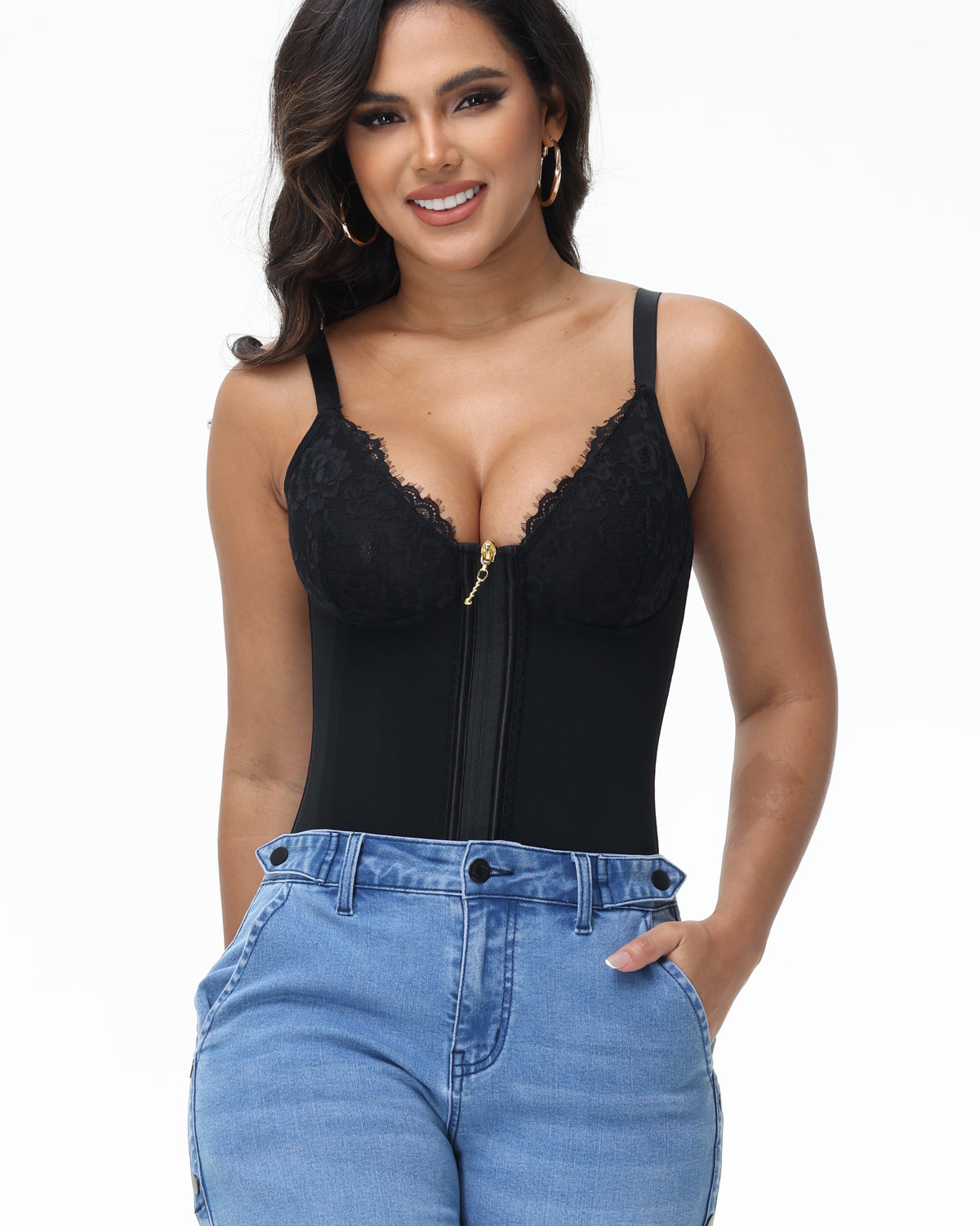 Shapshe® Deep V Lace Corset Top Trimmed Waist Trainer with Front Zipper