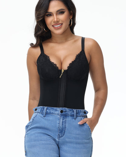 Shapshe® Deep V Lace Corset Top Trimmed Waist Trainer with Front Zipper