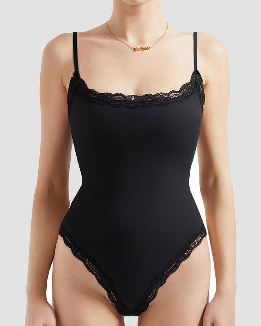 Women's Sexy Spaghetti Strap Sleeveless Buttery Soft Lace Trim Top Bodysuit