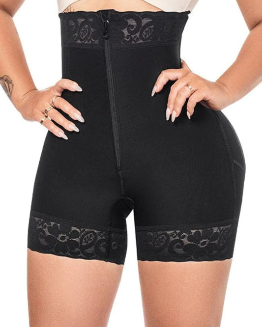 Shapshe® High Waist Butt Lift Shaper Zipper Short With Lace Trim