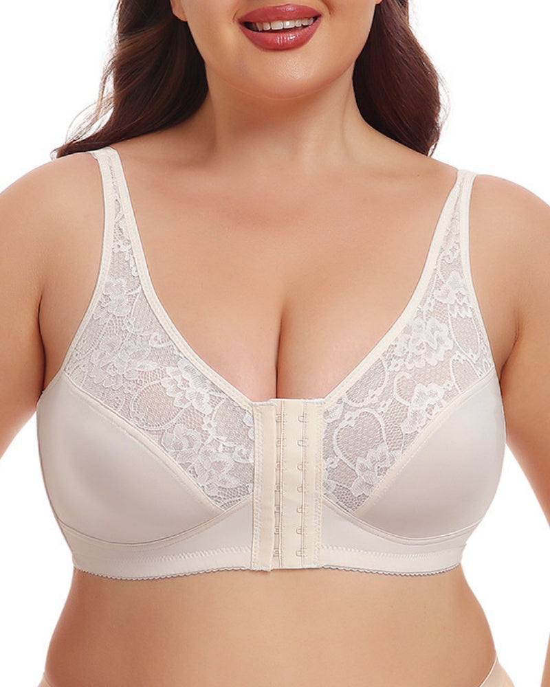 Women's Plus Size Thin Lace Push Up Shaping Bra with Front Closure