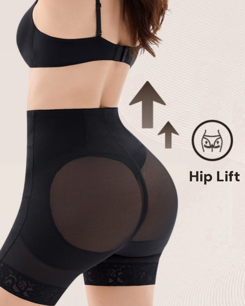 Mesh Waist Cross Tummy Control Shaping Shorts With Lace Edge