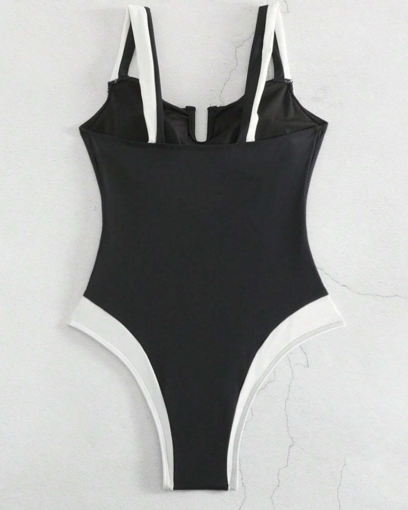 Contrast Color U Neck Backless Tummy Control Shapewear Swimsuit