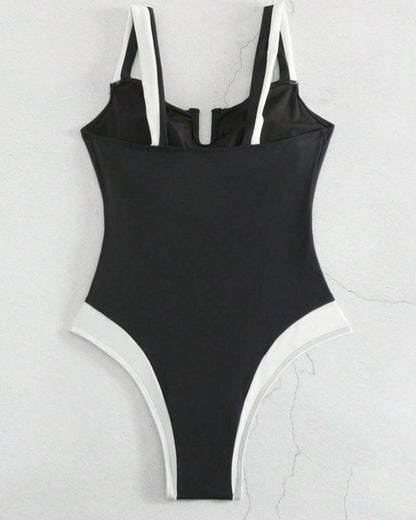 Contrast Color U Neck Backless Tummy Control Shapewear Swimsuit