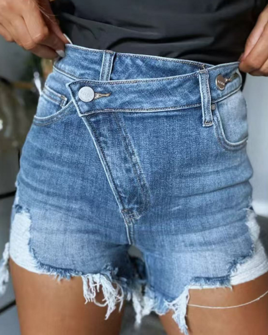 Diagonal Button Raw Edge Ripped Cool Style Denim Shorts