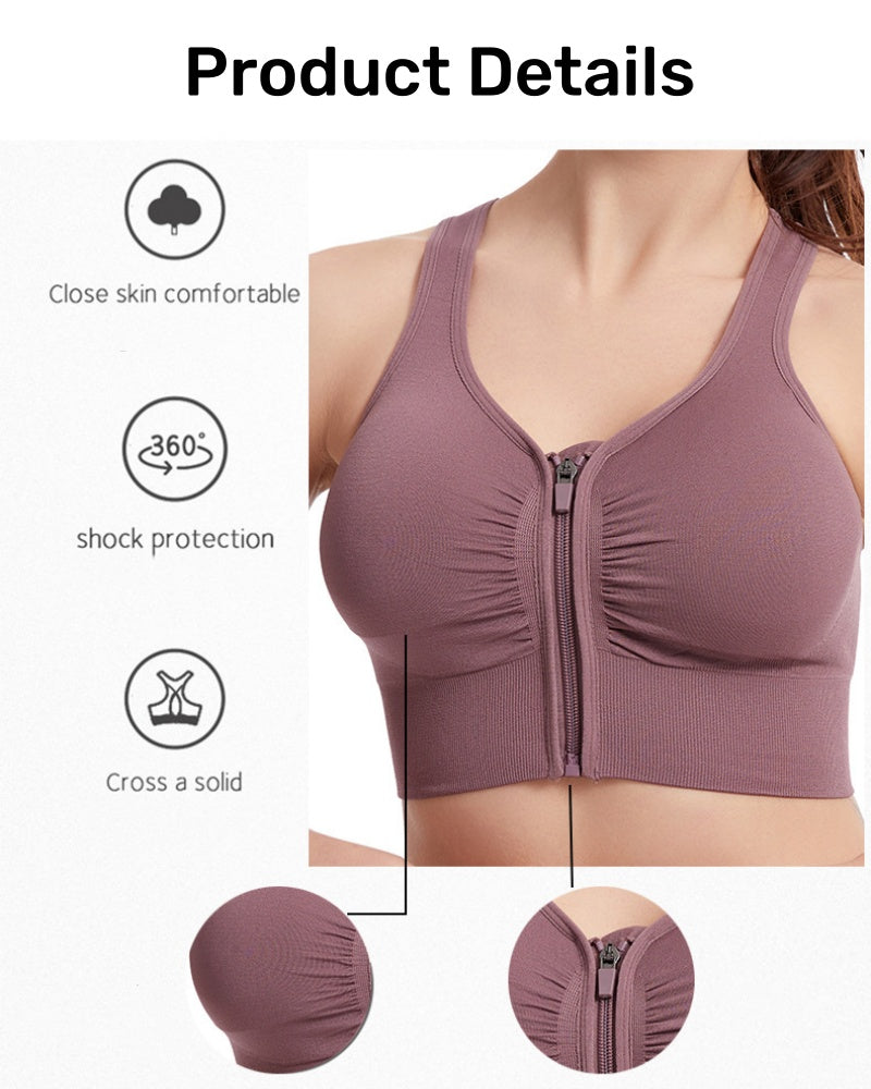 Women's Shockproof Push up Bra Hollow Back with Front Zipper