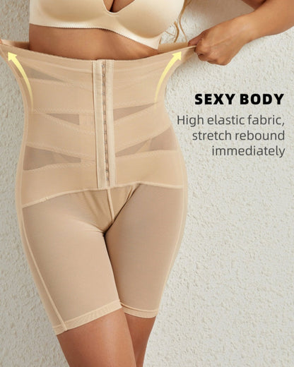 High Waist Stretchy Mesh Shaping Shorts with Adjustable Buckle