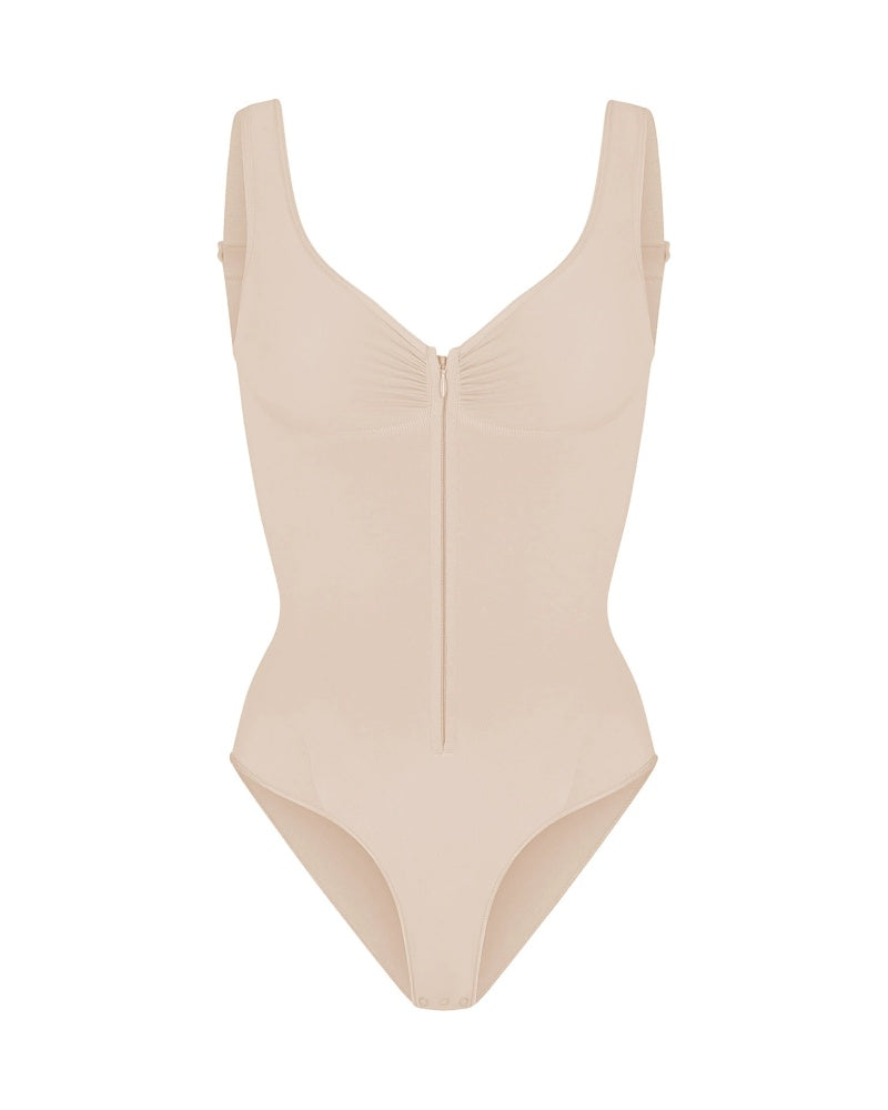 Deep V Seamless Backless Triangle Shapewear Bodysuit with Front Zipper