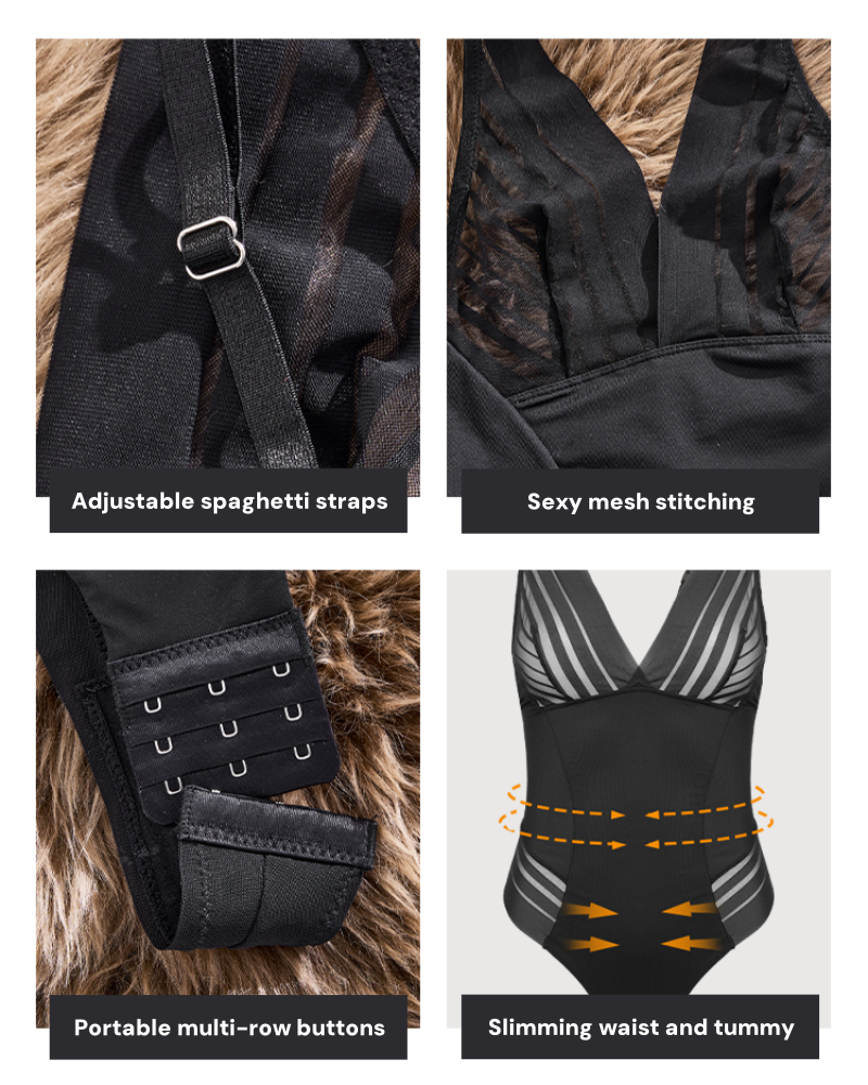 Deep V Seamless Mesh Patchwork Tummy Control Thong Shapewear Bodysuit