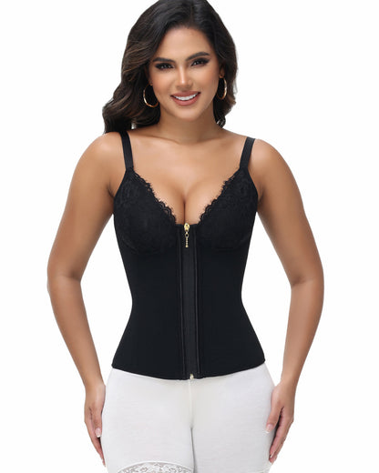 Shapshe® Deep V Lace Corset Top Trimmed Waist Trainer with Front Zipper