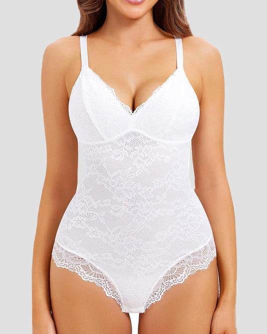 Lace V Neck Tummy Control Shapewear Bodysuit with Adjustable Strap