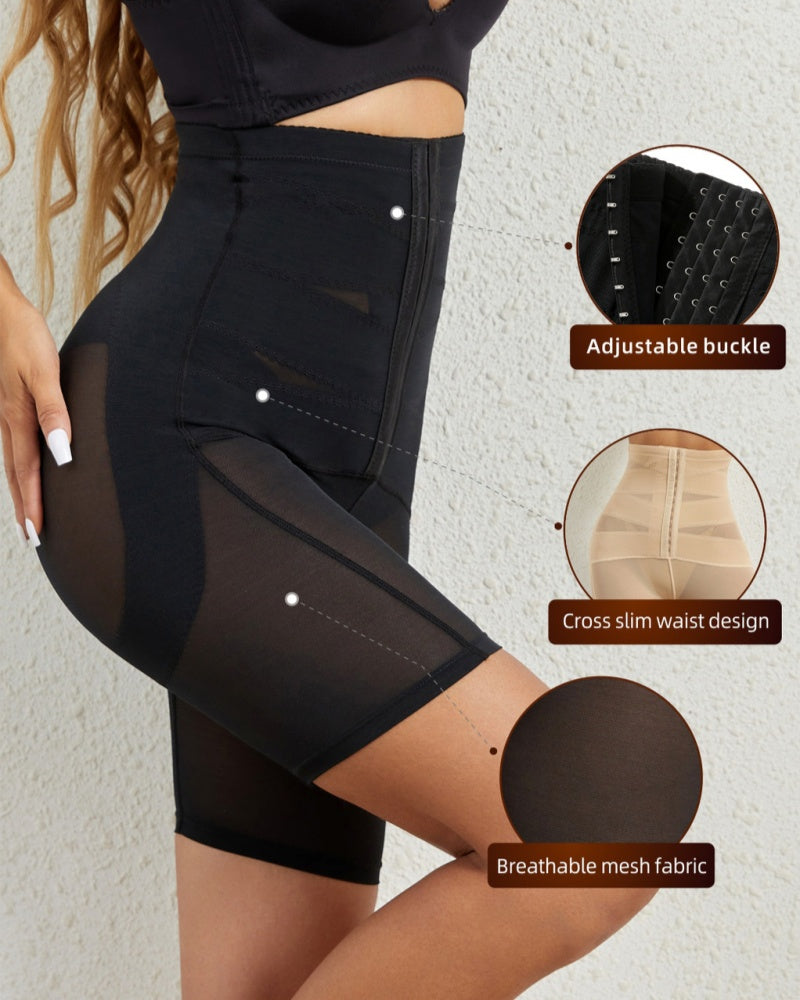High Waist Stretchy Mesh Shaping Shorts with Adjustable Buckle