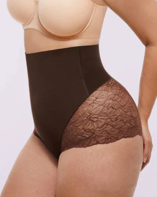 High Waisted Lace Sheer Mesh Panel Tummy Control Shaping Shorts
