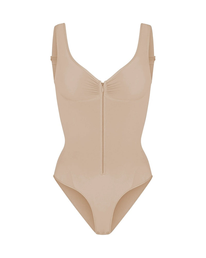 Deep V Seamless Backless Triangle Shapewear Bodysuit with Front Zipper