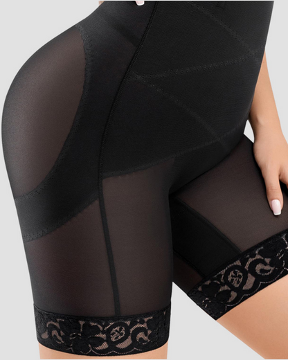 Mesh Waist Cross Tummy Control Shaping Shorts With Lace Edge