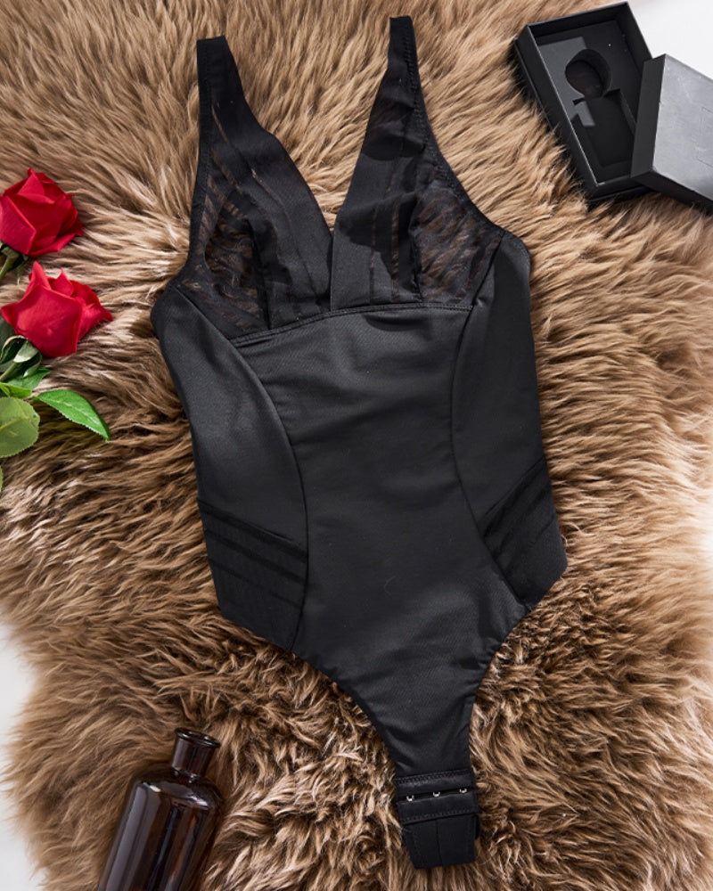 Deep V Seamless Mesh Patchwork Tummy Control Thong Shapewear Bodysuit