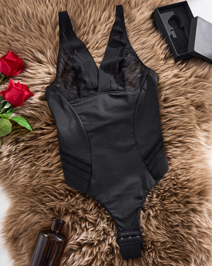 Deep V Seamless Mesh Patchwork Tummy Control Thong Shapewear Bodysuit